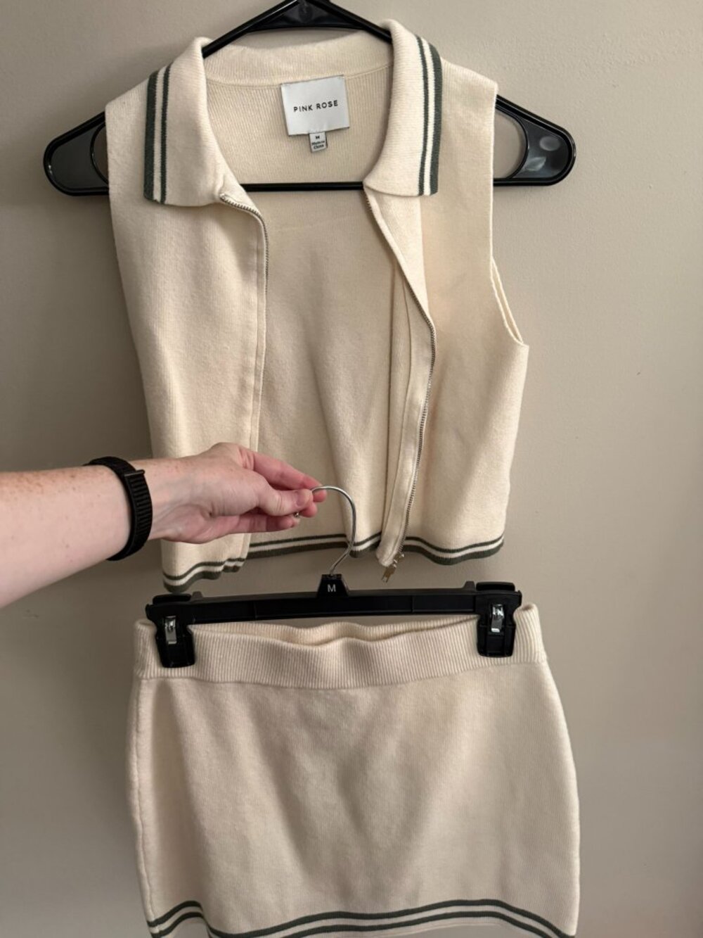 Pink Rose M cream two piece set with green detailing - mini skirt and zip vest - Picture 2 of 3